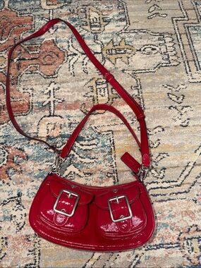 Coach Red Patent Leather Crossbody Bag with Buckle Pockets